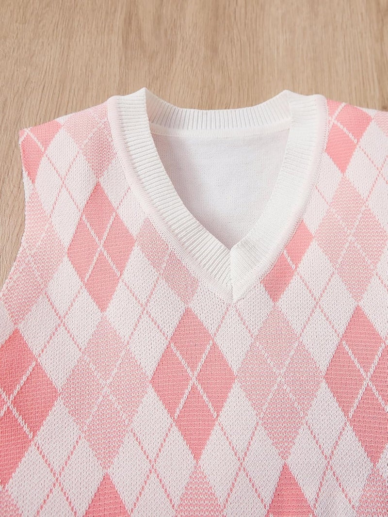 OYOANGLE Girl's Argyle Plaid V Neck Sweater Vest Sleeveless Preppy Casual Pullover Knitted Tank Tops - Image 3
